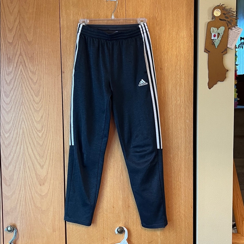 Adidas 14 16 boy gray elastic waist drawstring pants white stripes pockets GUC